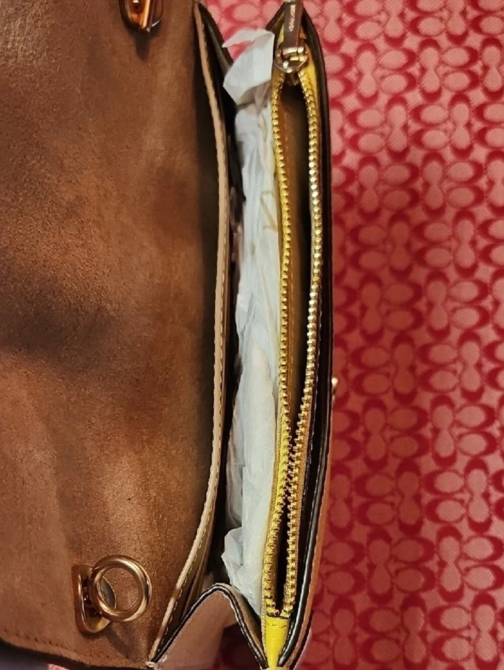 Coach Yellow and White Leather Crossbody with Gold Chain